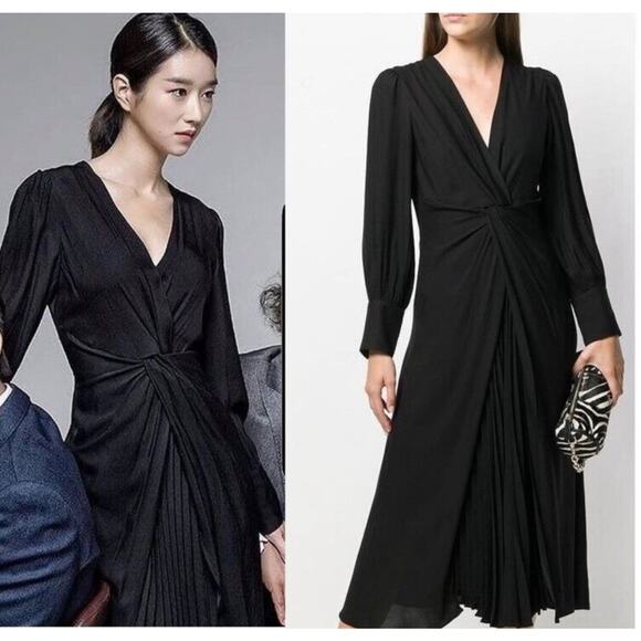 Sandro Paris LBD Black Long Sleeve Wrap Pleated Maxi Dress Luxury Minimalist - Picture 1 of 14